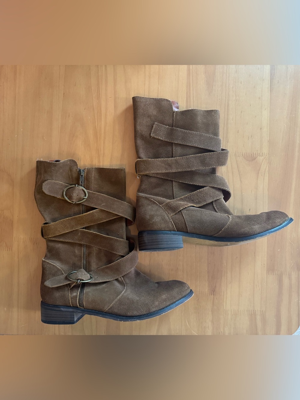 Women's Brown Suede Wrap Strap Mid Calf Boots